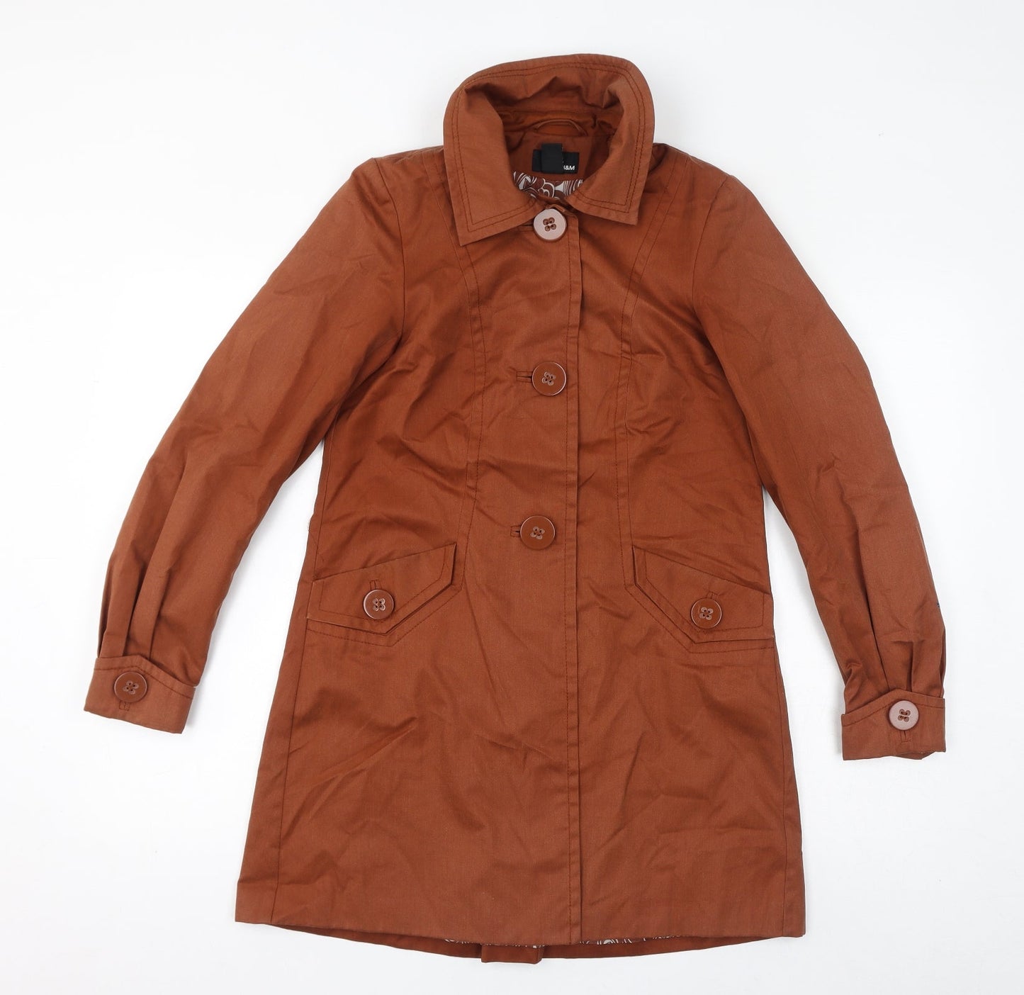 H&M Womens Brown Overcoat Coat Size 6 Button
