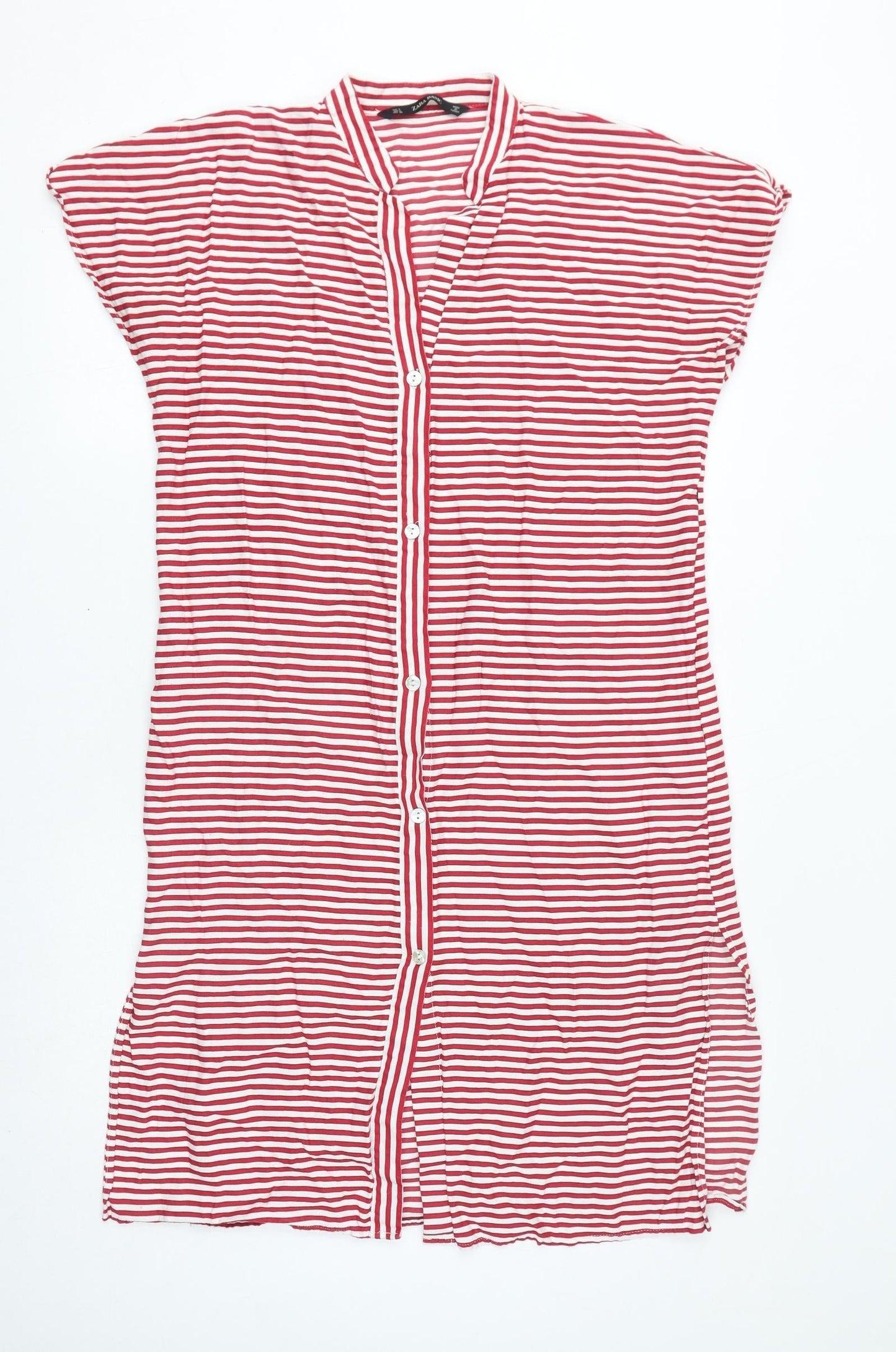 Zara Womens Red Striped Viscose T-Shirt Dress Size S V-Neck Button