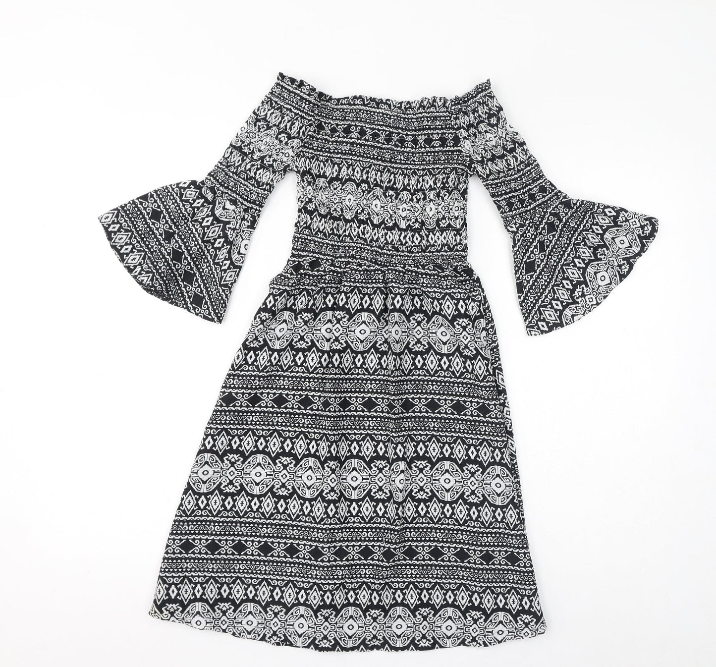 Cameo Rose Womens Black Geometric Polyester Fit & Flare Size 8 Off the Shoulder Pullover