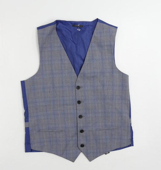 Marks and Spencer Mens Blue Plaid Polyester Jacket Suit Waistcoat Size 38 Regular