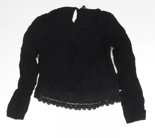 Mani Womens Black Polyester Basic Blouse Size M Round Neck