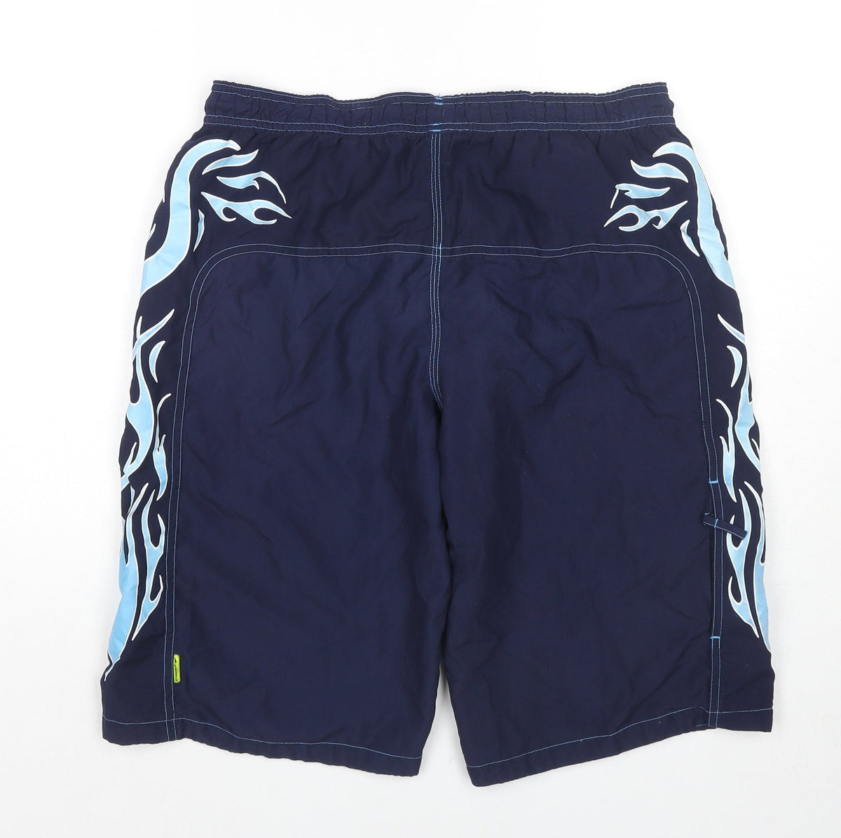 Back view of Speedo boys’ blue polyester utility shorts, size XL regular drawstring - flames swim shorts label size ybxl