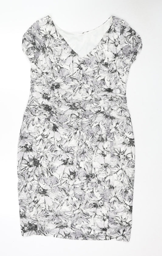 Roman Womens Grey Floral Polyester A-Line Size 14 V-Neck Pullover - Ruffle Detail