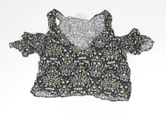 Pins & Needles Womens Multicoloured Floral Viscose Cropped T-Shirt Size XS Round Neck - Cold Shoulder