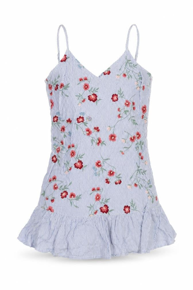 Bershka Womens Blue Striped Cotton Tank Dress Size S V-Neck Pullover - Flowers
