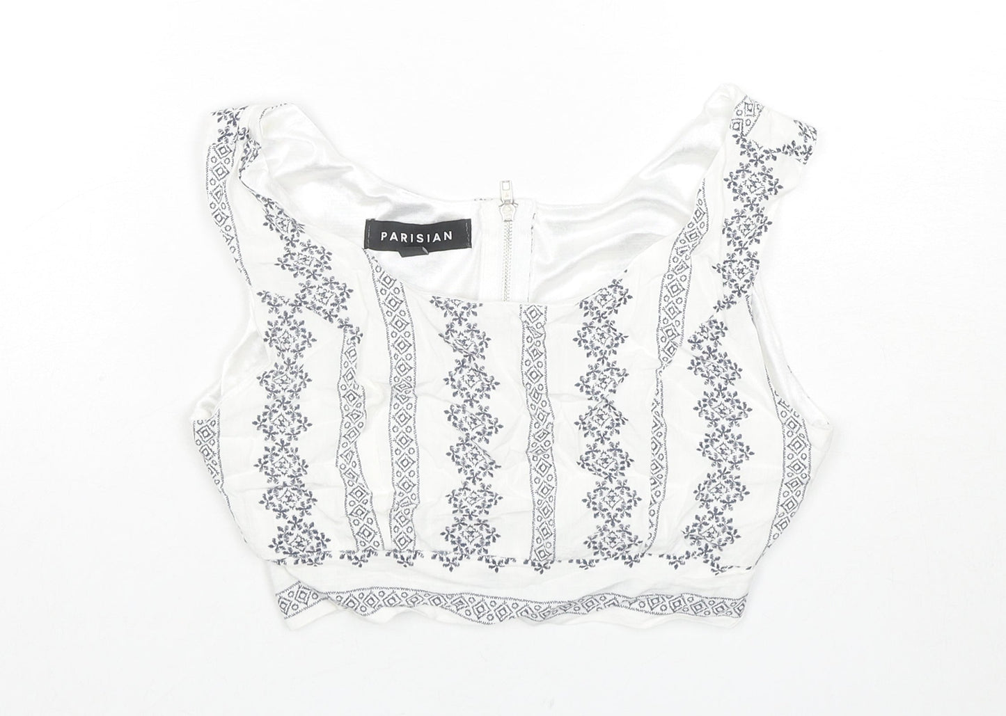 PARISIAN SIGNATURE Womens White Geometric Viscose Cropped Tank Size 8 Round Neck