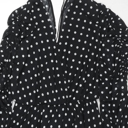 PRETTYLITTLETHING Womens Black Polka Dot Polyester Mini Size 10 V-Neck Tie