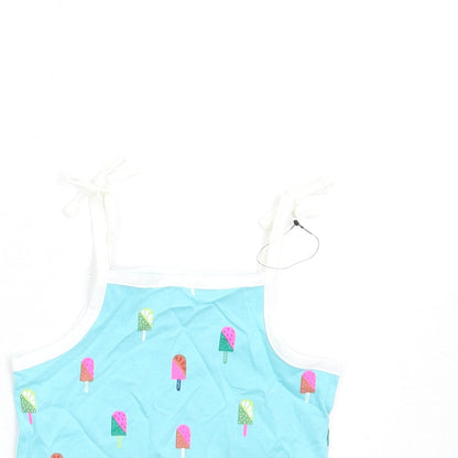 Close-up detail of Marks & Spencer girls’ blue geometric cotton basic tank, size 2-3, years square neck pullover