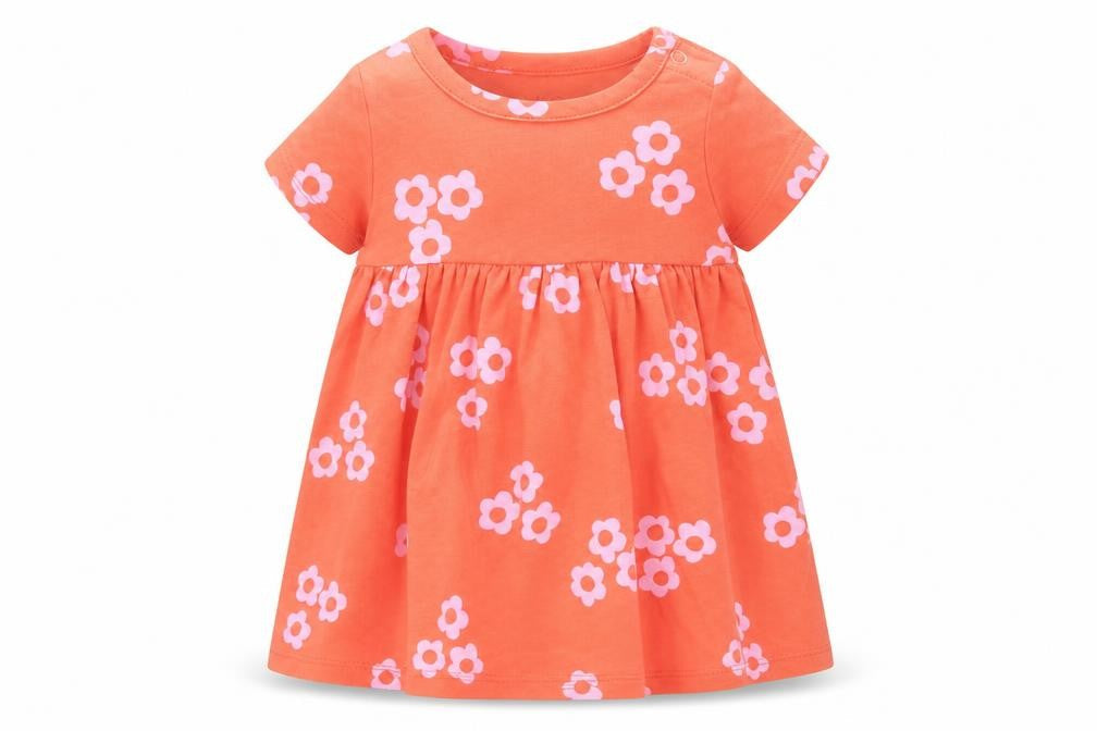 Marks & Spencer Girls Orange Floral Cotton Fit & Flare Size 0-3 Months Round Neck Snap