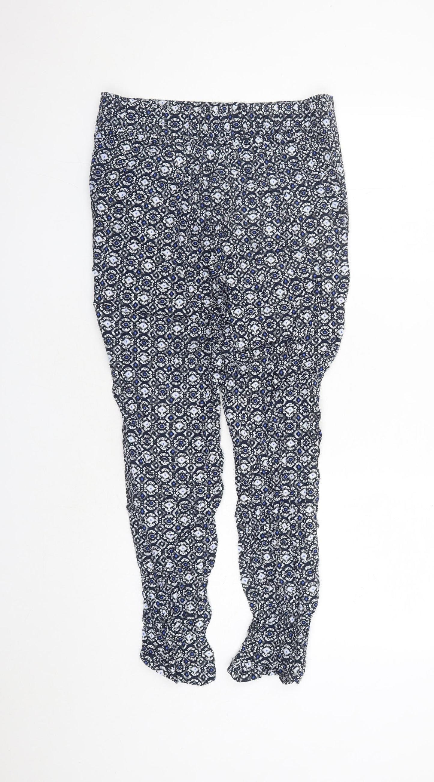Marks and Spencer Womens Blue Geometric Viscose Capri Trousers Size 12 L25 in Regular - Elasticated Waist