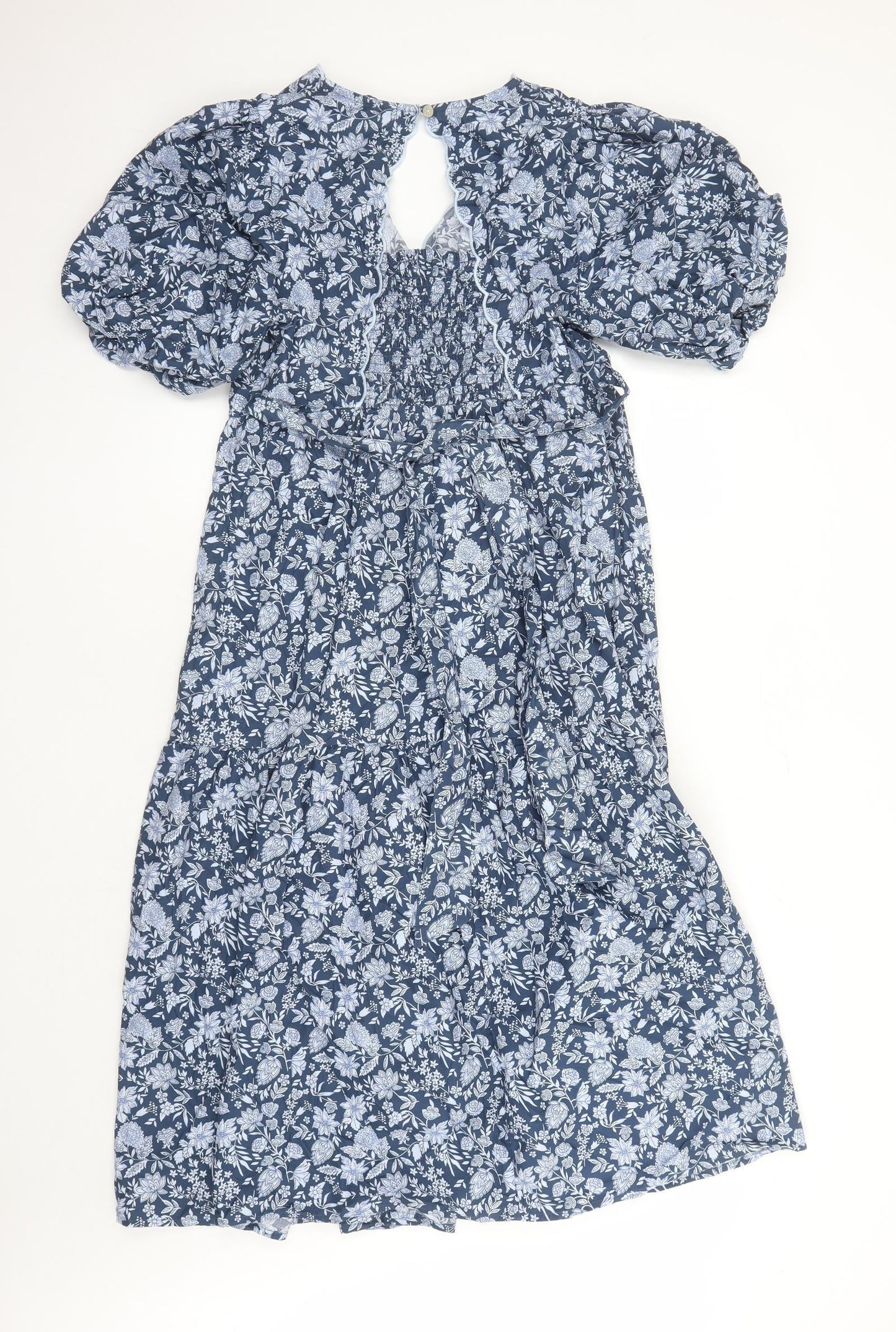 Marks and Spencer Womens Blue Floral Cotton Trapeze & Swing Size 14 V-Neck Button