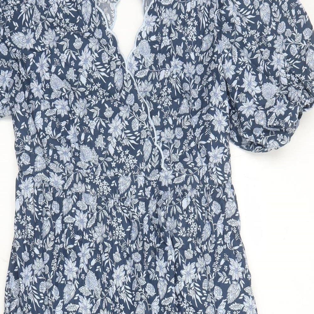 Marks and Spencer Womens Blue Floral Cotton Trapeze & Swing Size 14 V-Neck Button