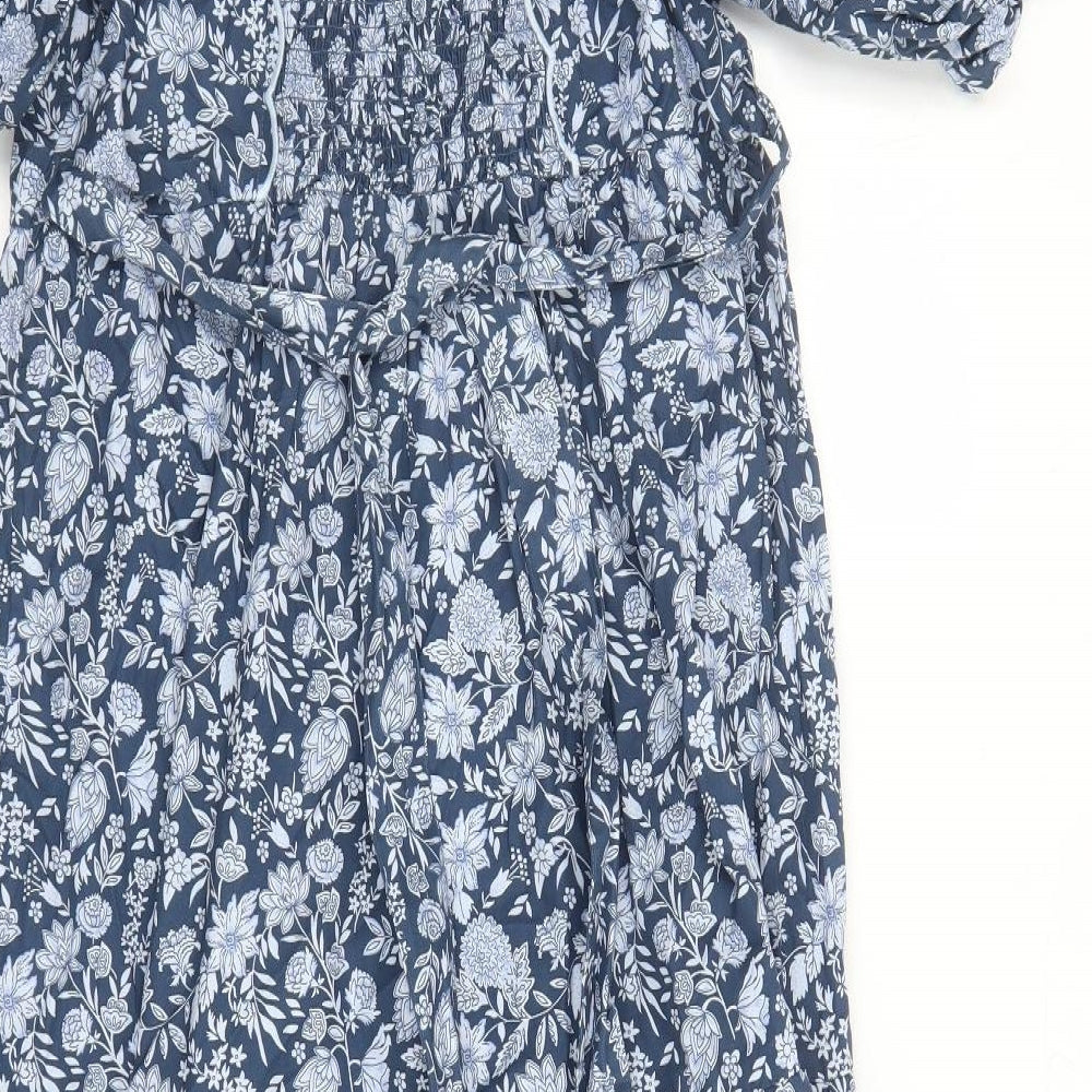 Marks and Spencer Womens Blue Floral Cotton Trapeze & Swing Size 14 V-Neck Button