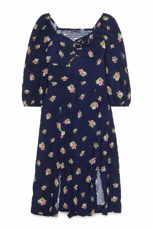 Marks & Spencer Womens Blue Floral Viscose A-Line Size 8 V-Neck Zip - Split Detail