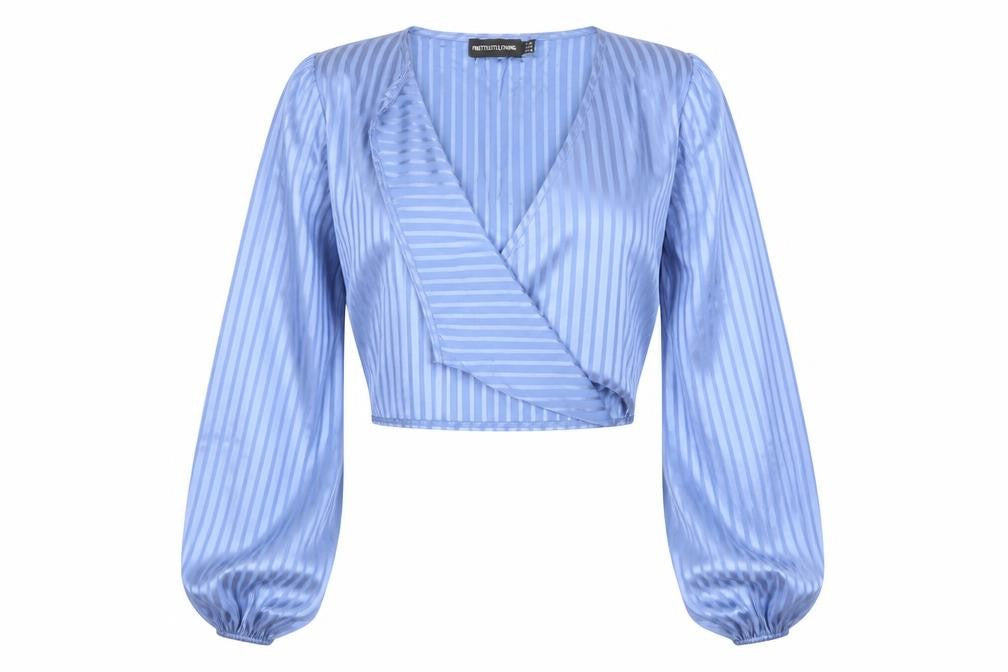 PRETTYLITTLETHING Womens Blue Striped Polyester Cropped Blouse Size 8 V-Neck