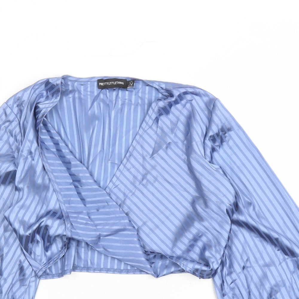 PRETTYLITTLETHING Womens Blue Striped Polyester Cropped Blouse Size 8 V-Neck