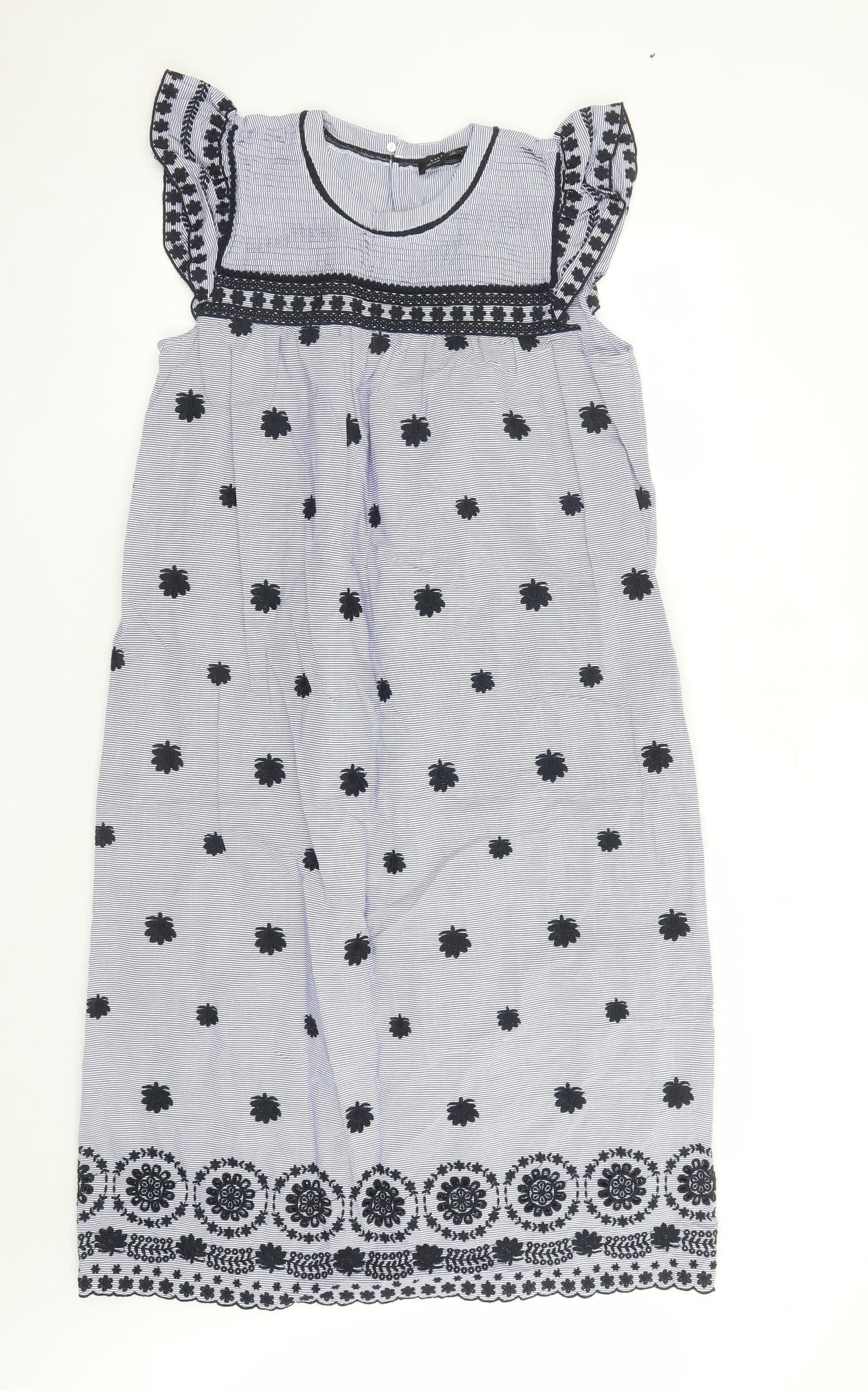 Zara Womens Blue Striped 100% Cotton A-Line Size M Round Neck Button - Embroidered Detail