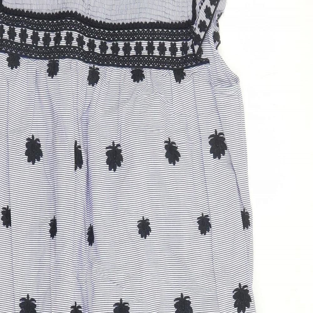 Zara Womens Blue Striped 100% Cotton A-Line Size M Round Neck Button - Embroidered Detail