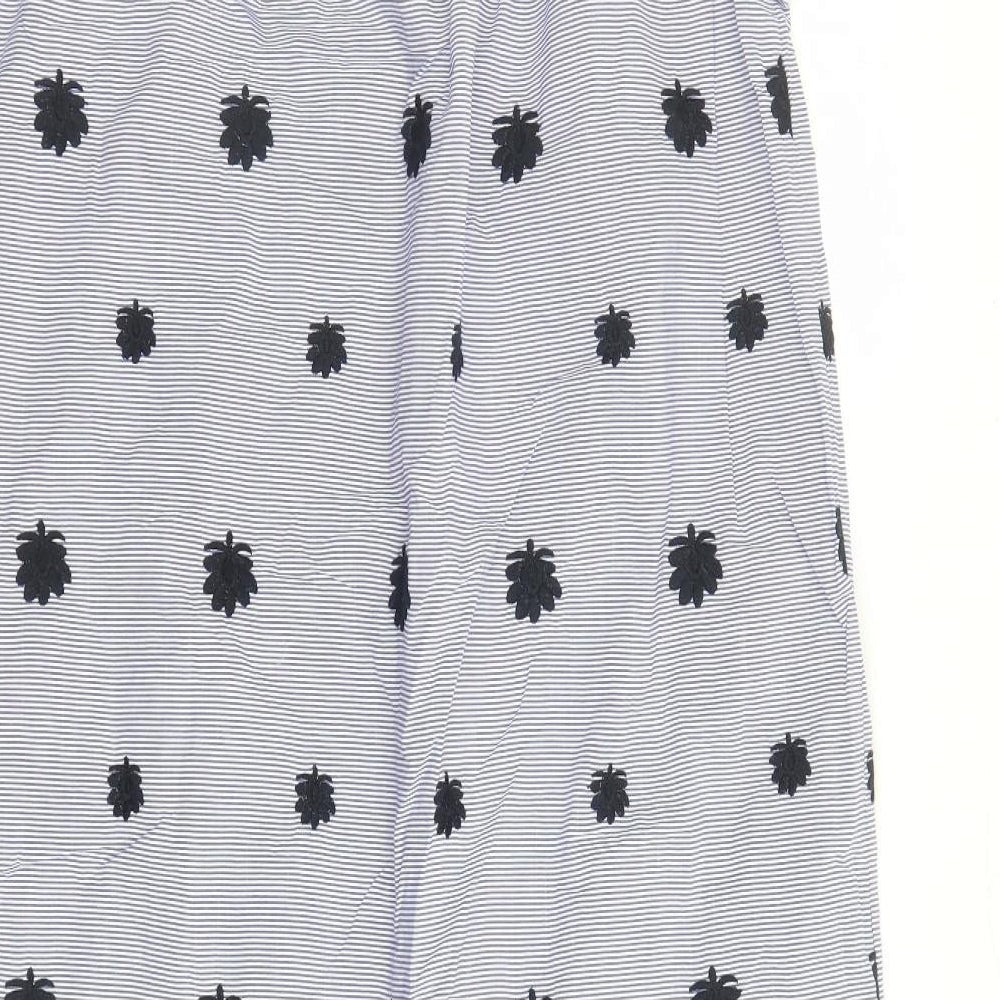 Zara Womens Blue Striped 100% Cotton A-Line Size M Round Neck Button - Embroidered Detail