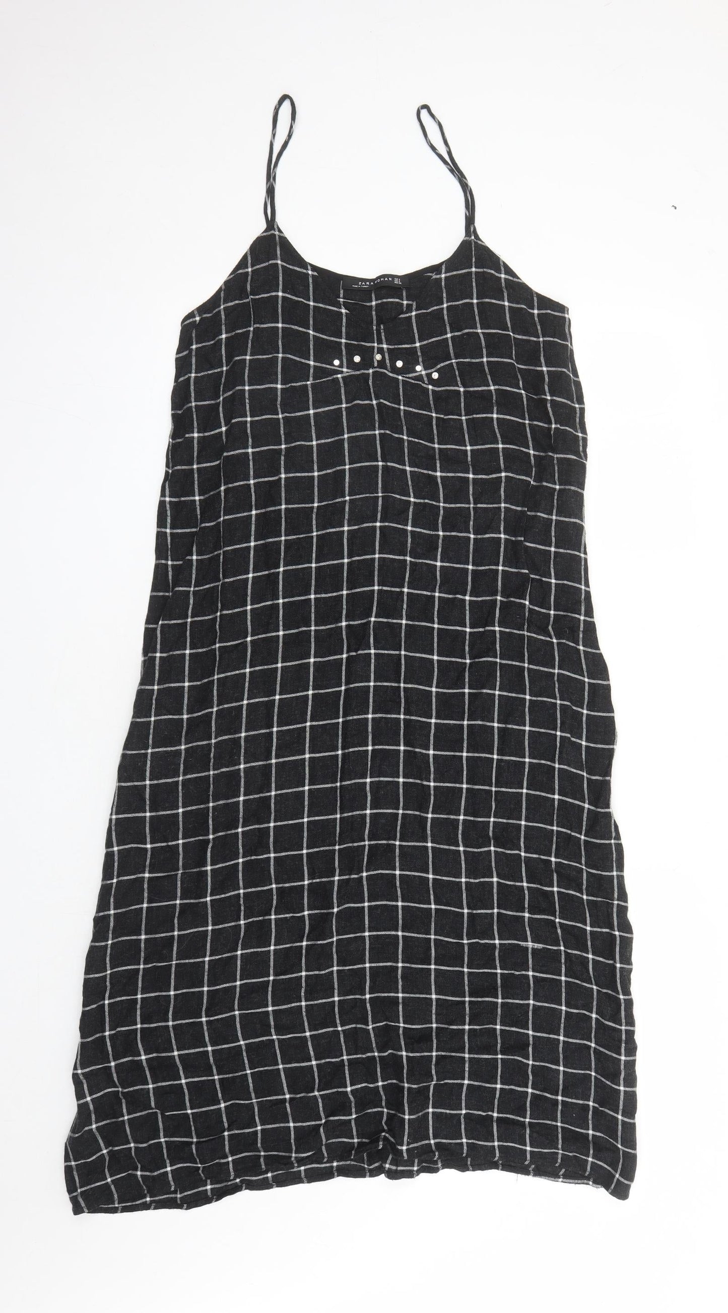Zara Womens Grey Check Viscose Slip Dress Size S Round Neck Pullover - Rhinestone Detail