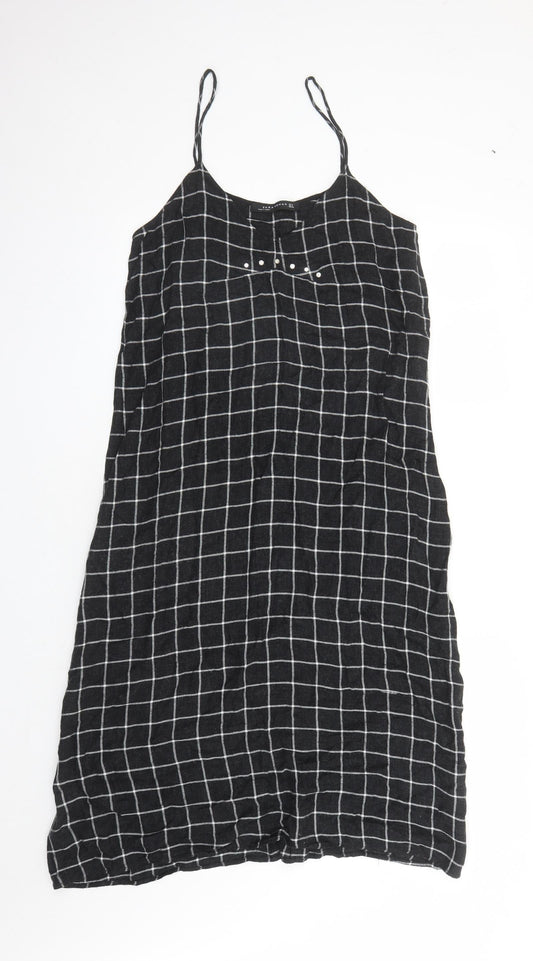 Zara Womens Grey Check Viscose Slip Dress Size S Round Neck Pullover - Rhinestone Detail