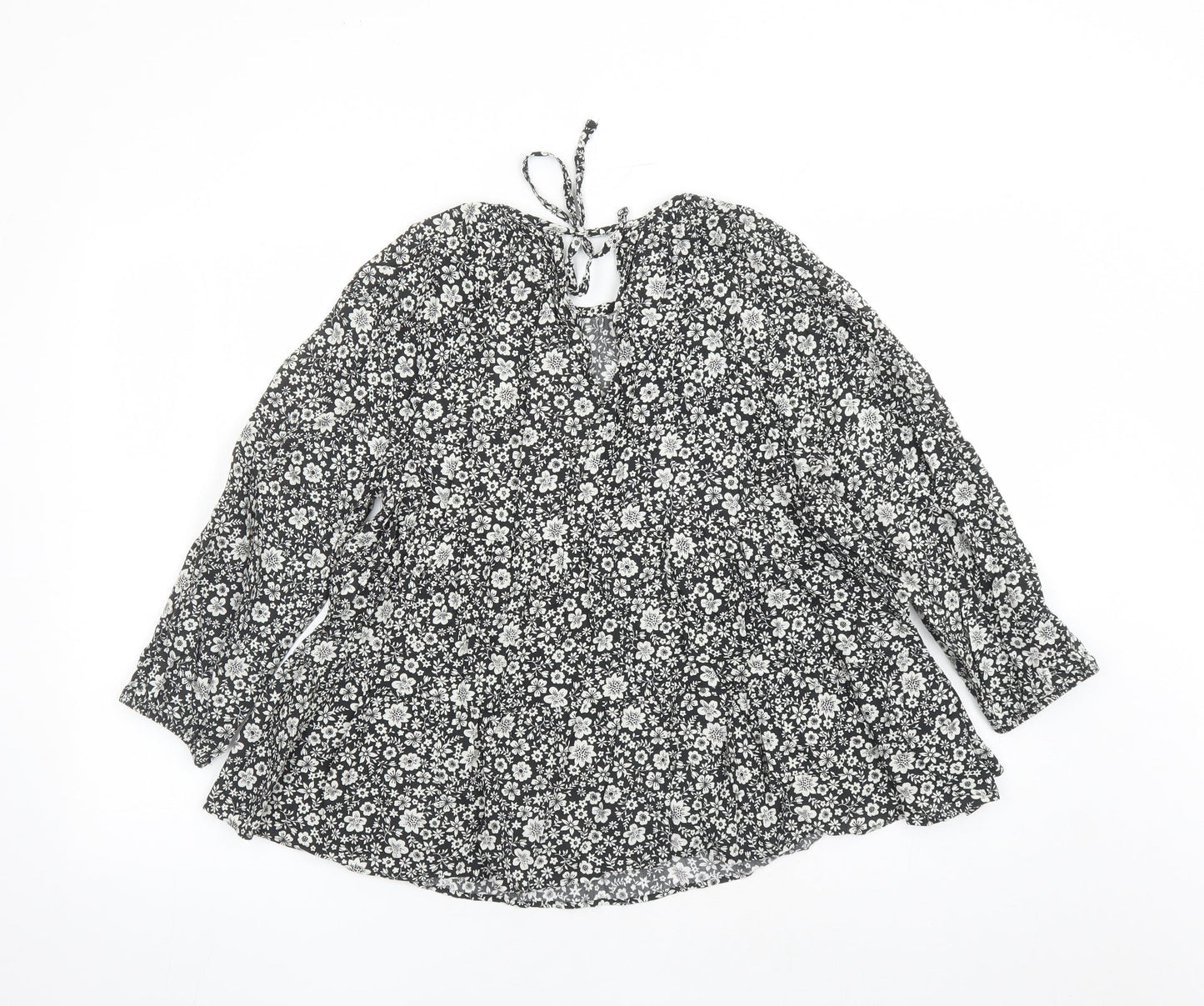 NEXT Womens Black Floral Viscose Basic Blouse Size 12 Round Neck