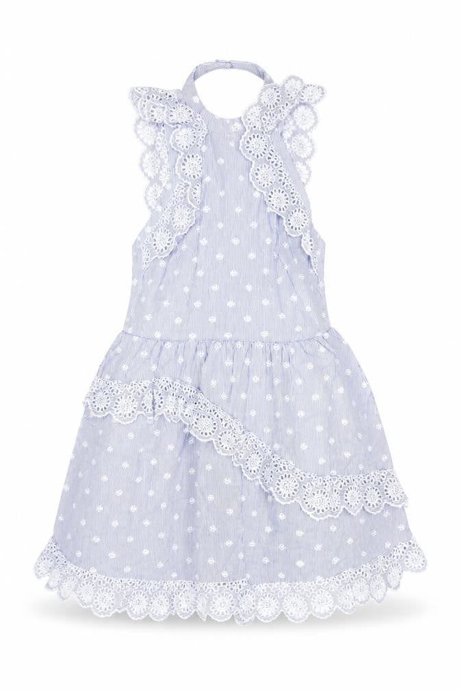 H&M Womens Blue Striped Cotton Fit & Flare Size 8 Halter Zip - Embroidered Detail Open Back