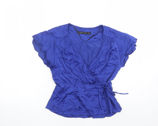 Zara Womens Blue Viscose Wrap Blouse Size S V-Neck