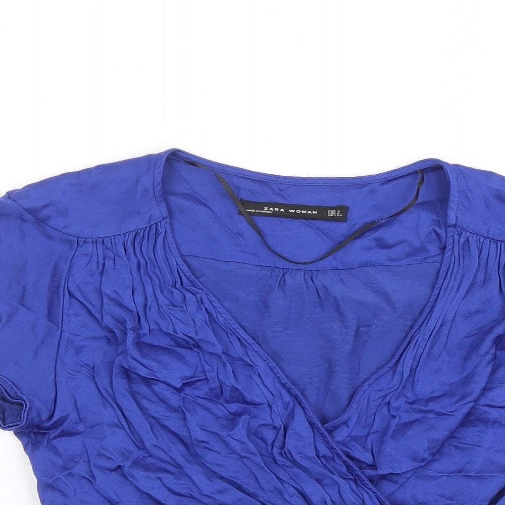 Zara Womens Blue Viscose Wrap Blouse Size S V-Neck