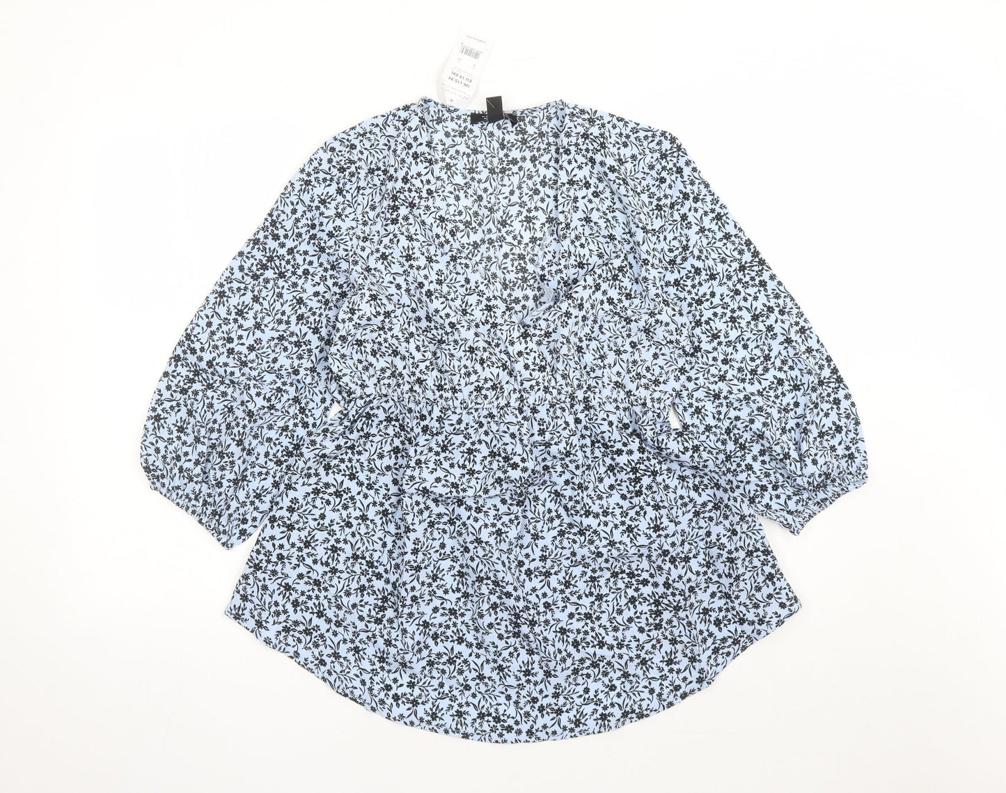 New Look Womens Blue Floral Polyester Basic Blouse Size 6 V-Neck