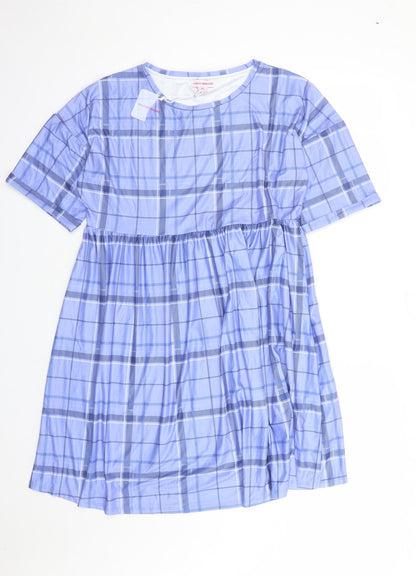 Preloved Urban Threads Womens Blue Plaid Polyester A-Line Size 12 Round Neck Pullover - Front