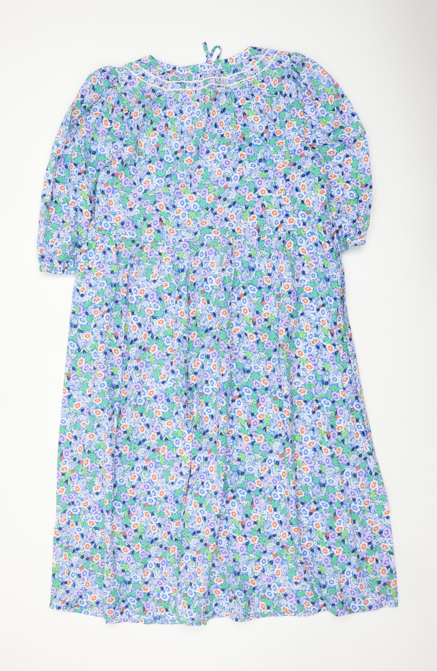 Marks and Spencer Womens Blue Floral Cotton A-Line Size 12 Round Neck Tie