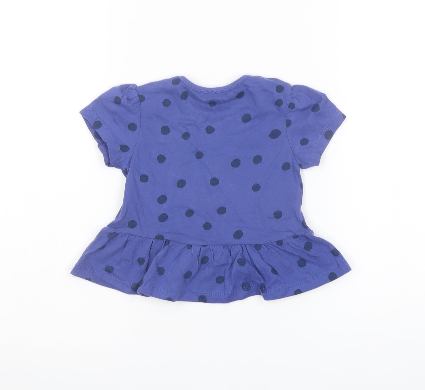 Marks and Spencer Girls Blue Polka Dot Cotton Basic T-Shirt Size 9-12 Months Crew Neck Snap