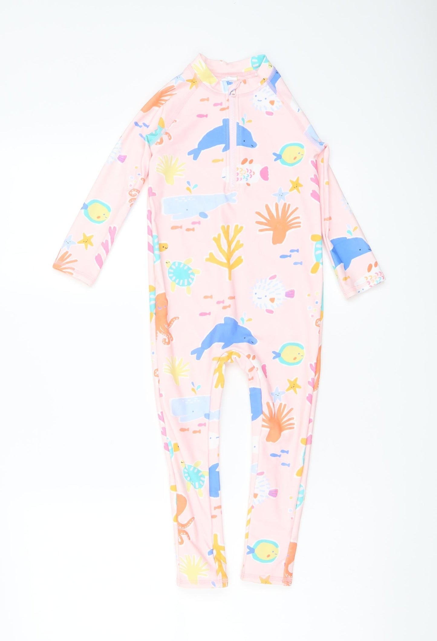 Marks and Spencer Girls Pink Geometric Polyamide Jumpsuit One-Piece Size 2-3 Years Zip - Swim Jumpsuit