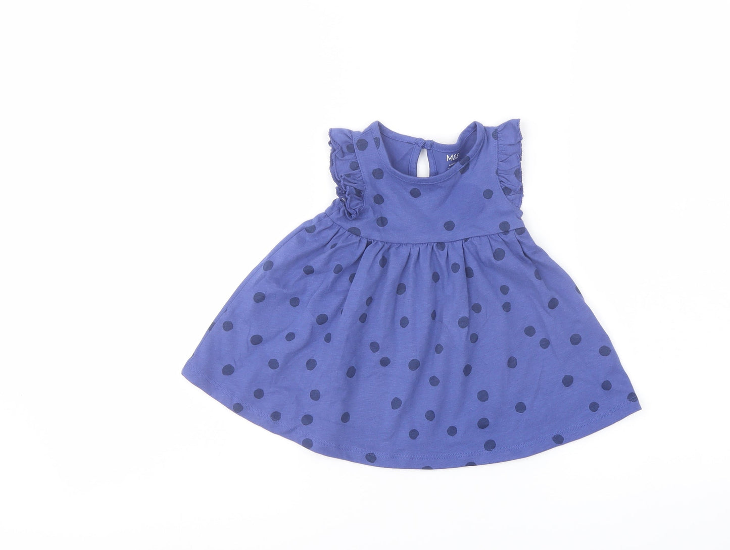 Marks and Spencer Girls Blue Polka Dot Cotton A-Line Size 0-3 Months Crew Neck Button
