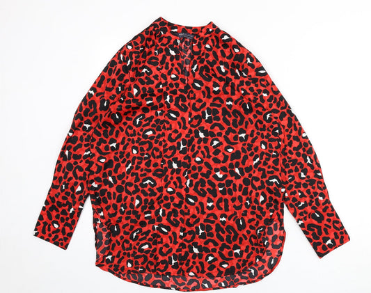 Marks and Spencer Womens Red Animal Print Polyester Basic Blouse Size 10 V-Neck - Leopard Print