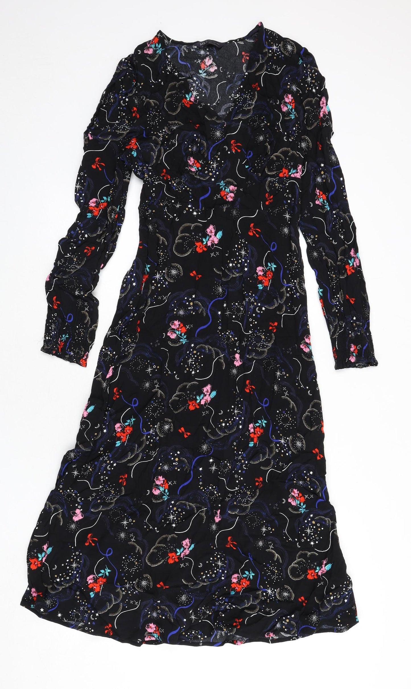 Marks and Spencer Womens Black Geometric Viscose A-Line Size 10 V-Neck Zip - Tie Detail
