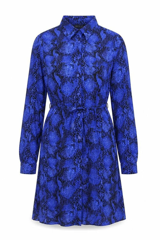 Marks & Spencer Womens Blue Animal Print Viscose Shirt Dress Size 10 Collared Button - Snake Skin Print, Tie Detail