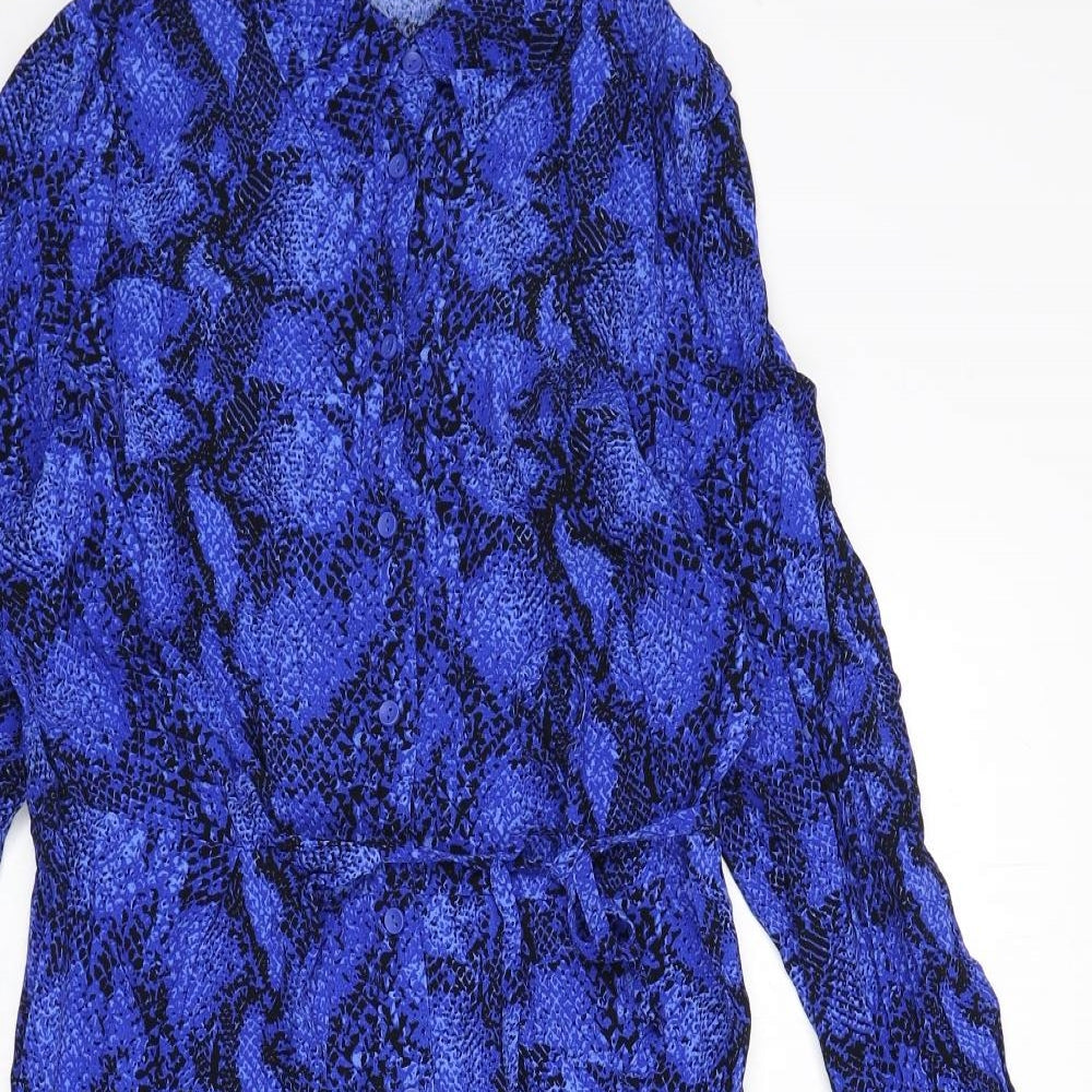 Marks and Spencer Womens Blue Animal Print Viscose Shirt Dress Size 10 Collared Button - Snake Skin Print, Tie Detail