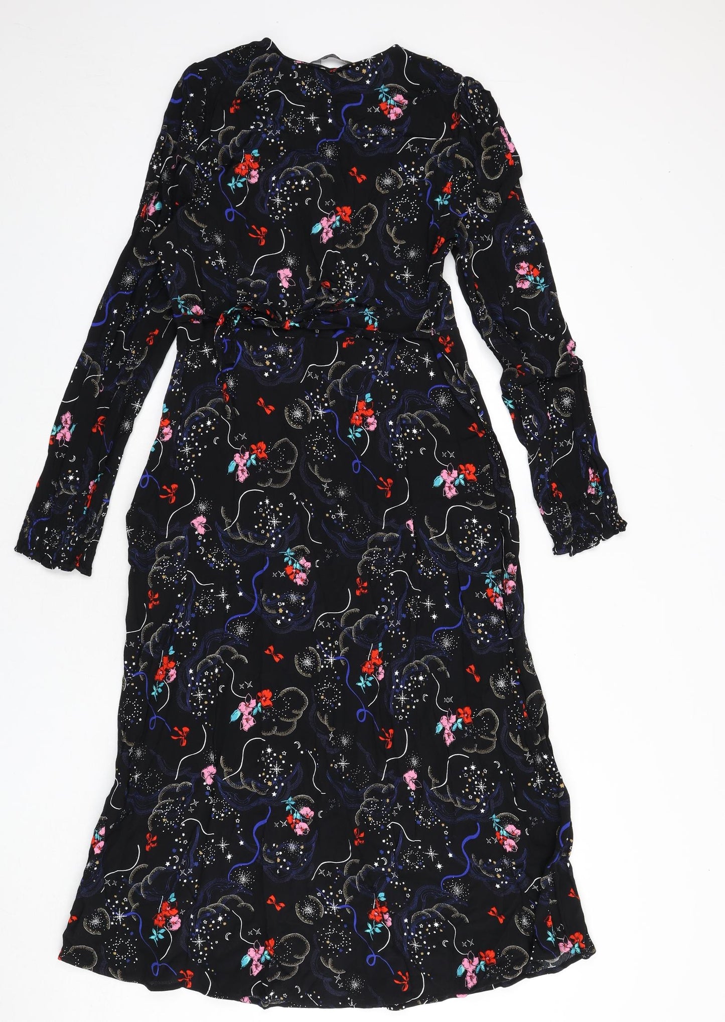 Marks and Spencer Womens Black Geometric Viscose A-Line Size 10 V-Neck Zip - Tie Detail