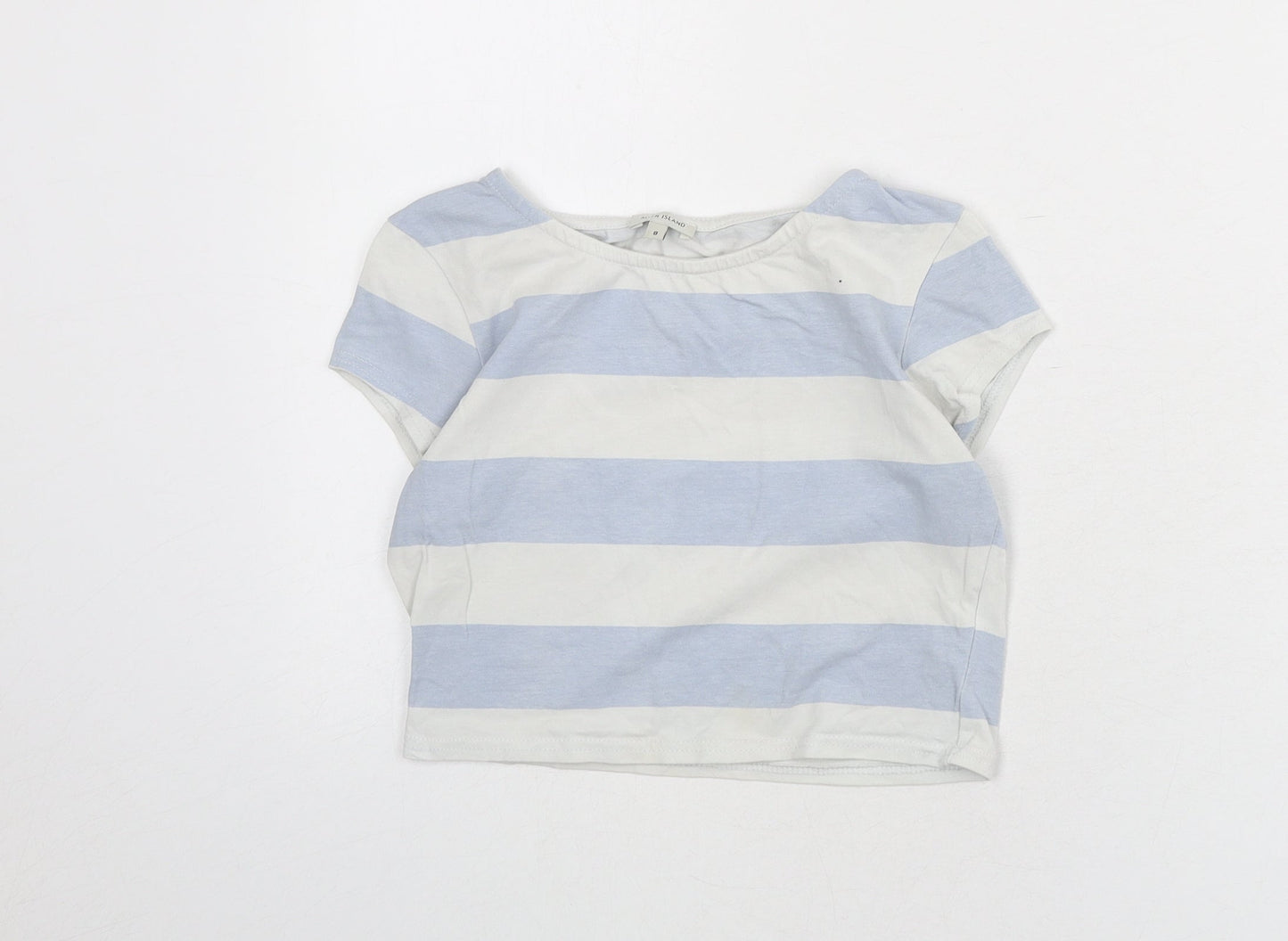 River Island Womens Blue Striped Cotton Cropped T-Shirt Size 8 Round Neck