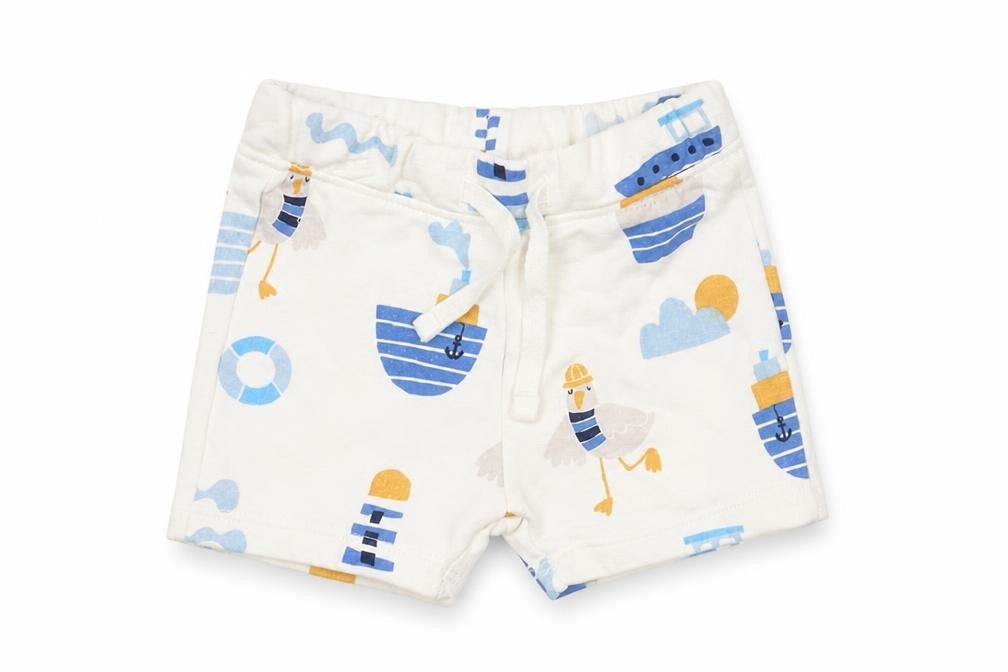 Marks & Spencer Boys White Geometric Cotton Cropped Trousers Size 3-6 Months Drawstring - Seagull Boat Print