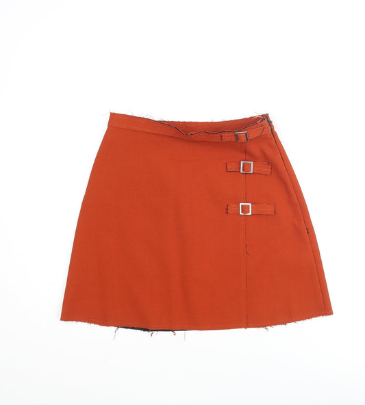 Topshop Womens Orange Polyester A-Line Skirt Size 6 Zip - Raw Finishings Buckle Detail