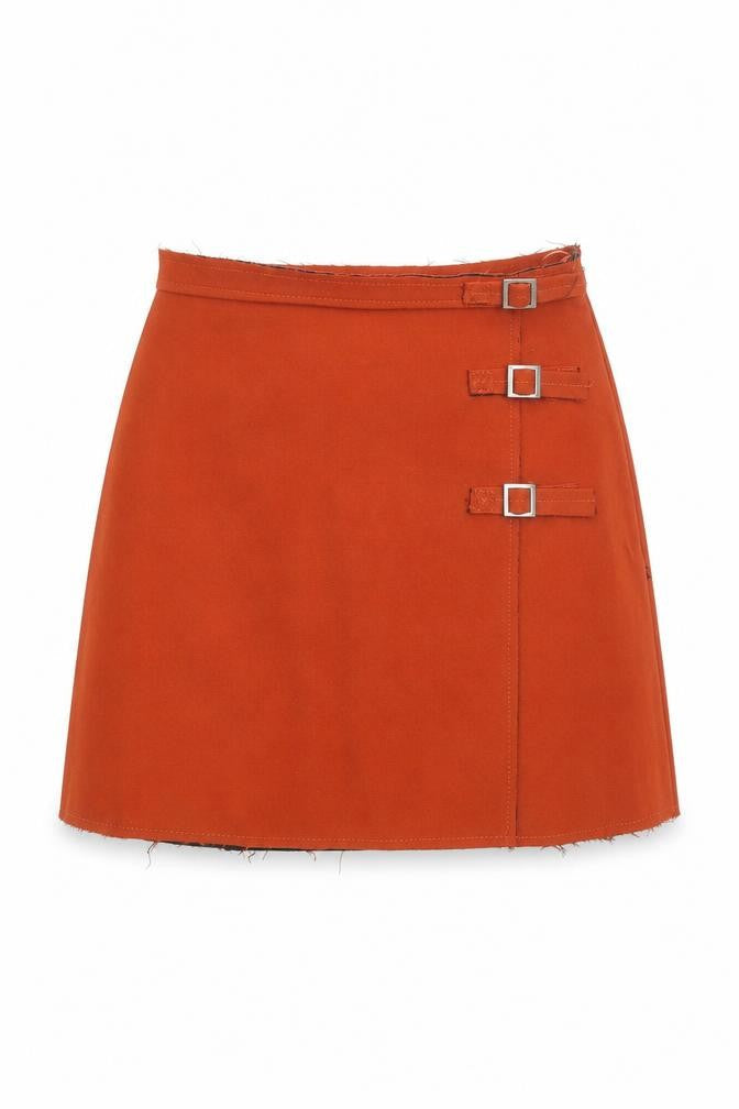 Topshop Womens Orange Polyester A-Line Skirt Size 6 Zip - Raw Finishings Buckle Detail