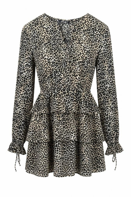 Motel Rocks Womens Beige Animal Print Viscose Skater Dress Size M V-Neck Tie - Leopard Print Frill