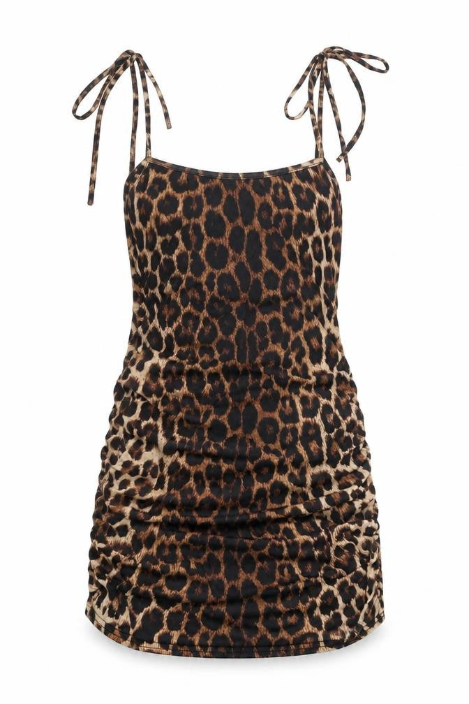 PRETTYLITTLETHING Womens Brown Animal Print Polyester Mini Size 8 Scoop Neck Pullover - Leopard Print Rouched