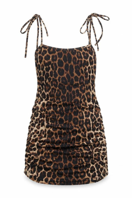 PRETTYLITTLETHING Womens Brown Animal Print Polyester Mini Size 8 Scoop Neck Pullover - Leopard Print Rouched
