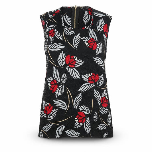River Island Womens Black Geometric Viscose Camisole Blouse Size 16 Round Neck - Leaf Print Back Cut Out
