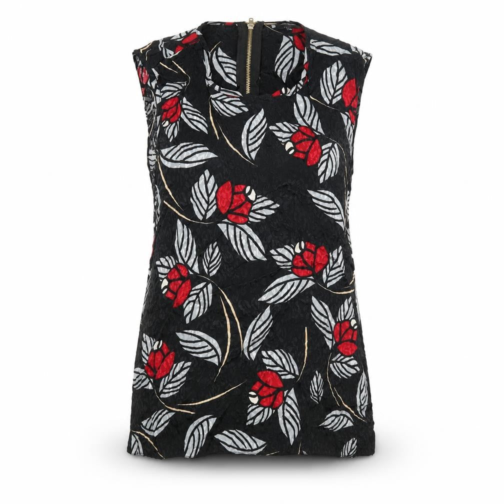 River Island Womens Black Geometric Viscose Camisole Blouse Size 16 Round Neck - Leaf Print Back Cut Out