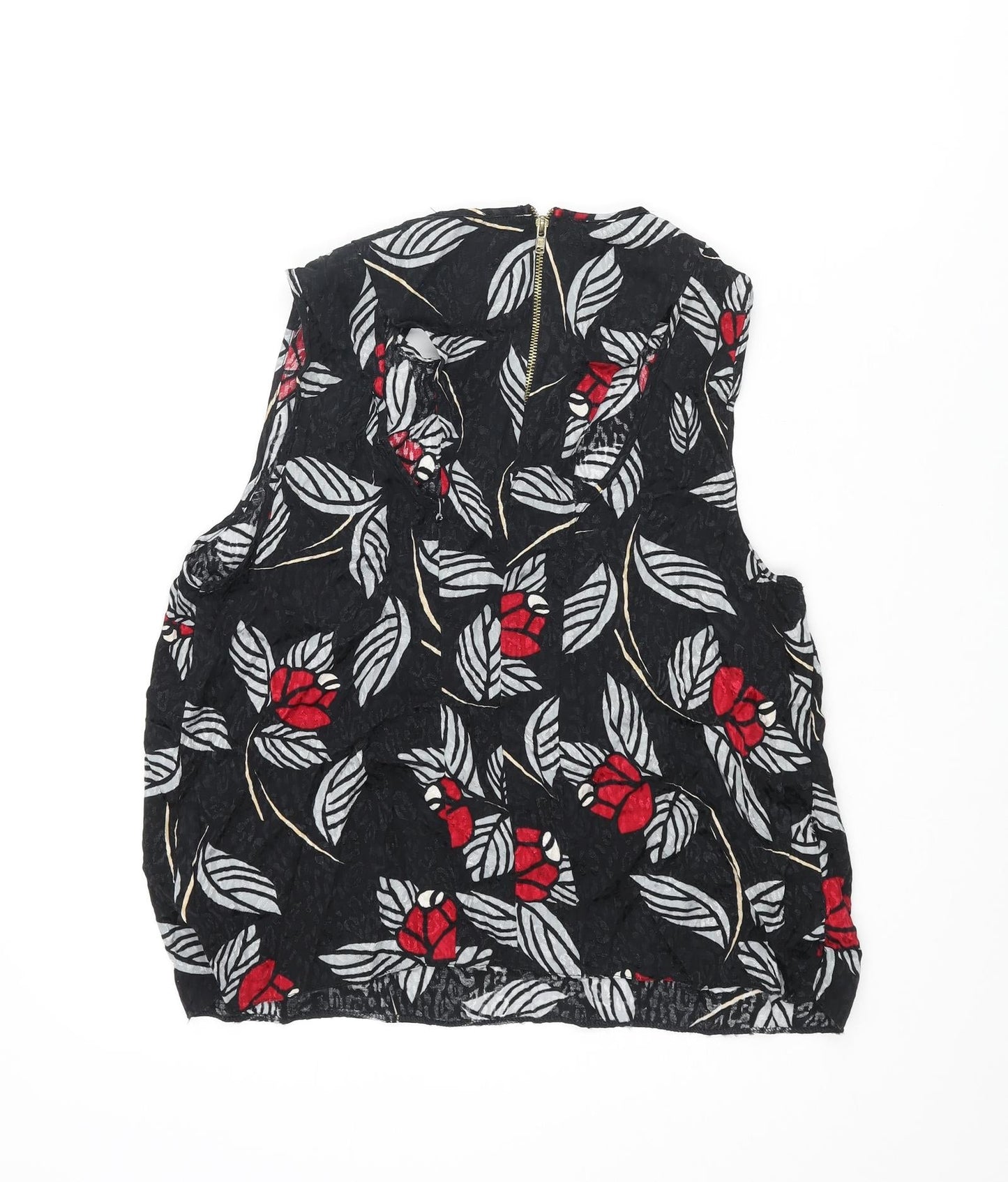 River Island Womens Black Geometric Viscose Camisole Blouse Size 16 Round Neck - Leaf Print Back Cut Out